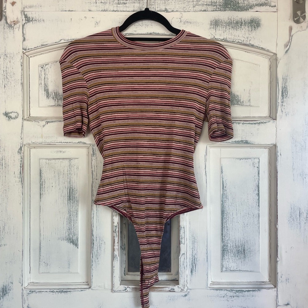 American Apparel Multicolor Striped Ribbed Bodysuit — Pink + Green